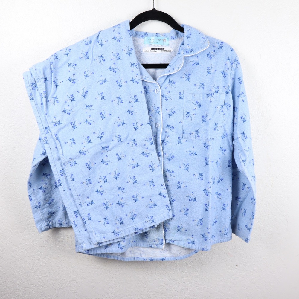 Amanda Paige Vintage Sleepwear Women's Blue Floral‎ Pajama Set Long Sleeve 60s